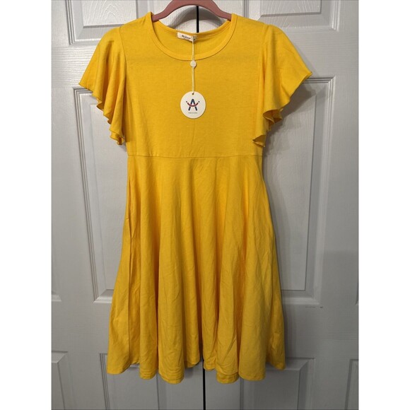 NWT Arshiner Dress Women A-Line Flutter Sleeve Pockets Yellow Medium by Measure - Picture 1 of 7